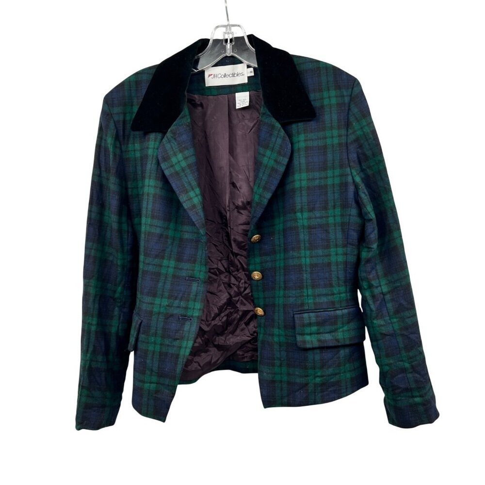 JH Collectibles Womens Plaid Wool Blazer Button Up Green/Multi Size 8